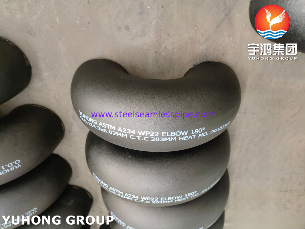 ASTM A234 WP22 CL1 / CL3 Stopiona stal Buttweld Fitting 180 stopni Łokieć czarno pomalowana
